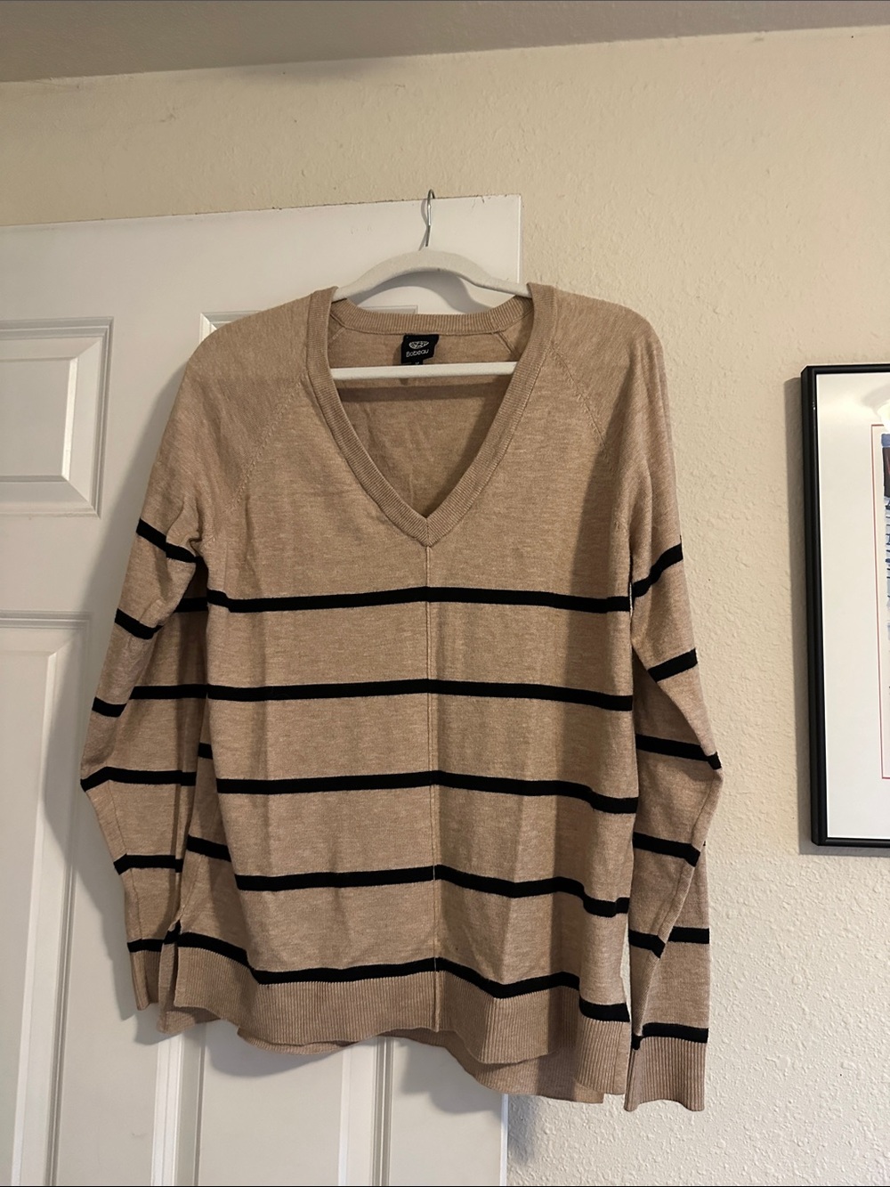 bobeau Beige V-Neck Sweater with Black Stripes